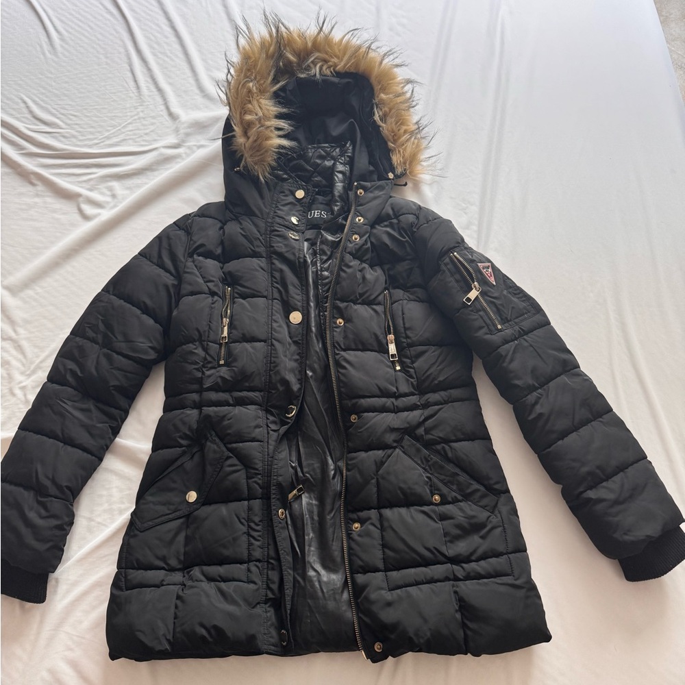 Guess Black Puffer Jacket with Faux Fur Trim